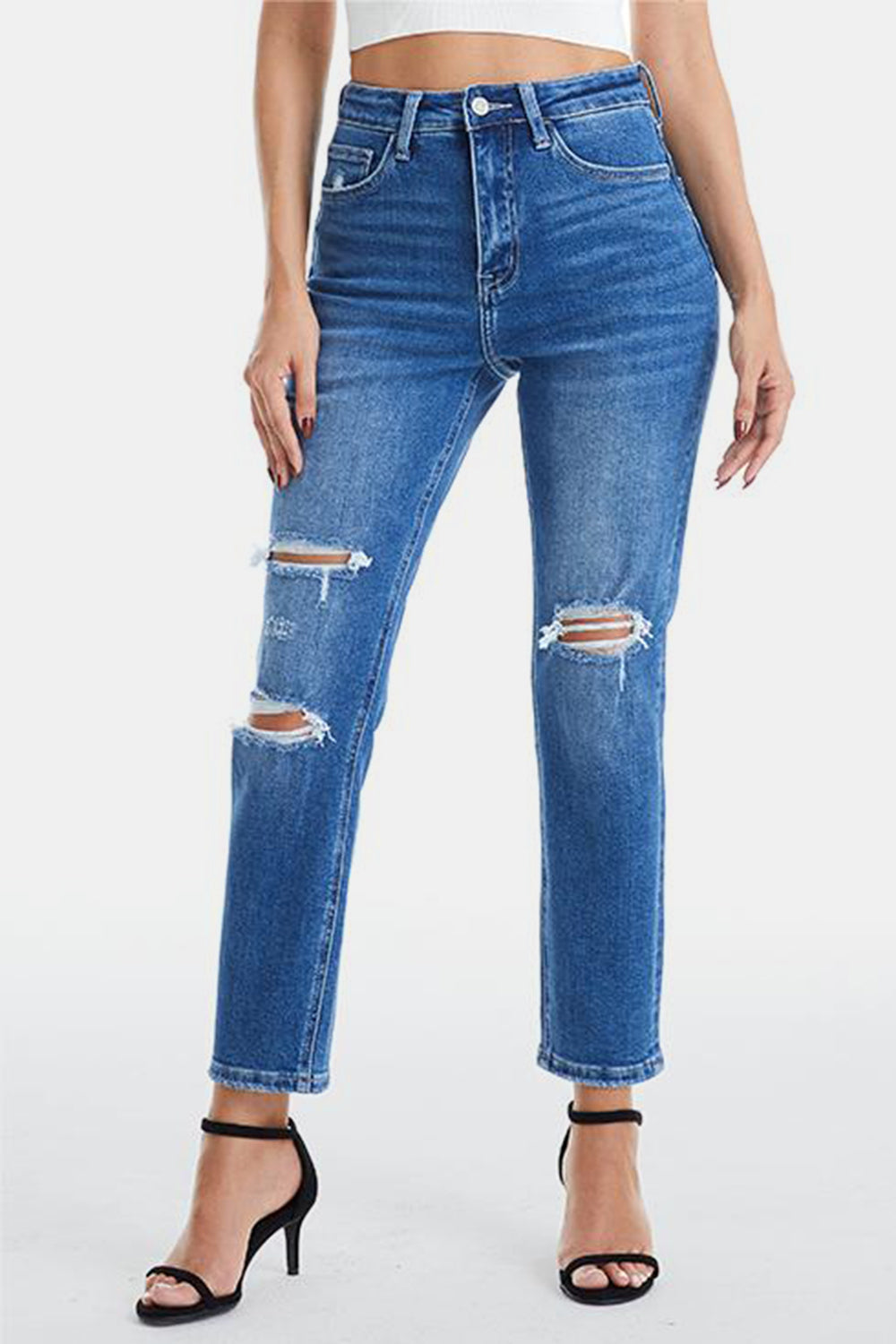 BAYEAS Full Size Distressed High Waist Mom Jeans - AllIn Computer