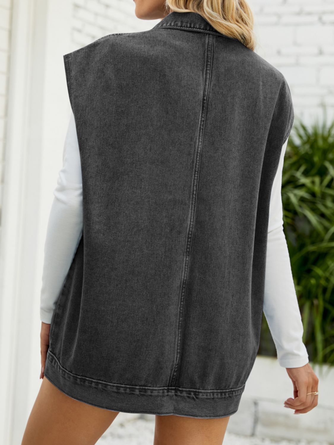 Collared Neck Sleeveless Denim Top with Pockets - AllIn Computer