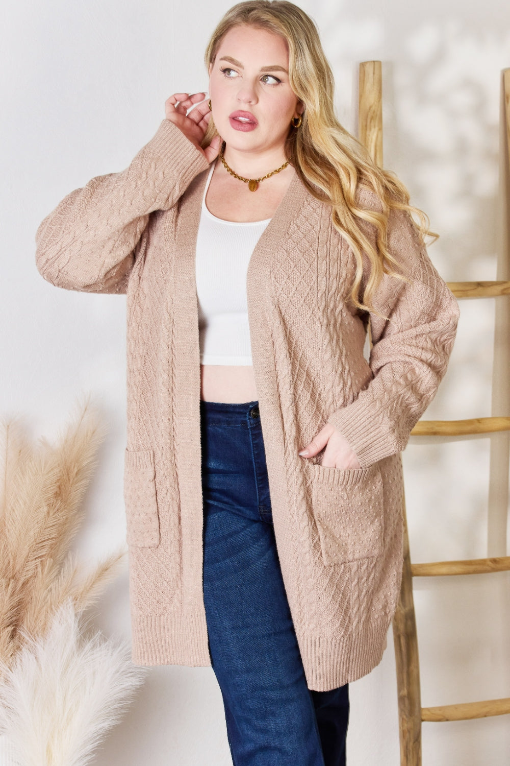 Hailey & Co Full Size Cable-Knit Pocketed Cardigan - AllIn Computer