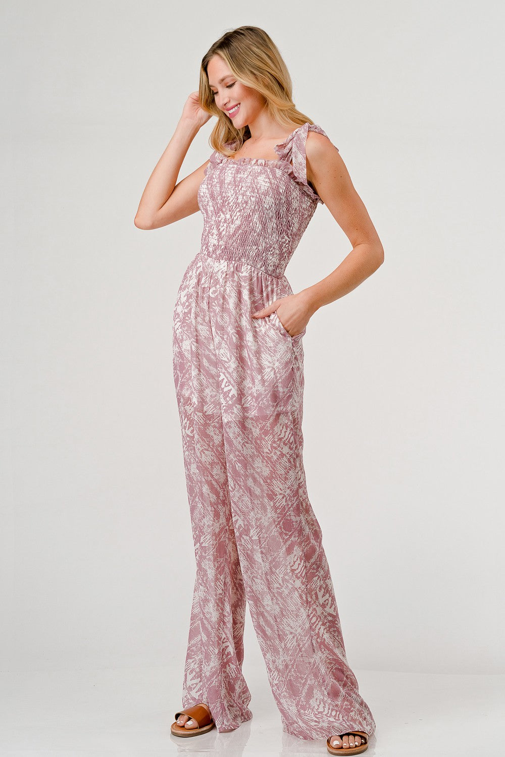 GeeGee Printed Tie Shoulder Wide Leg Jumpsuit - AllIn Computer