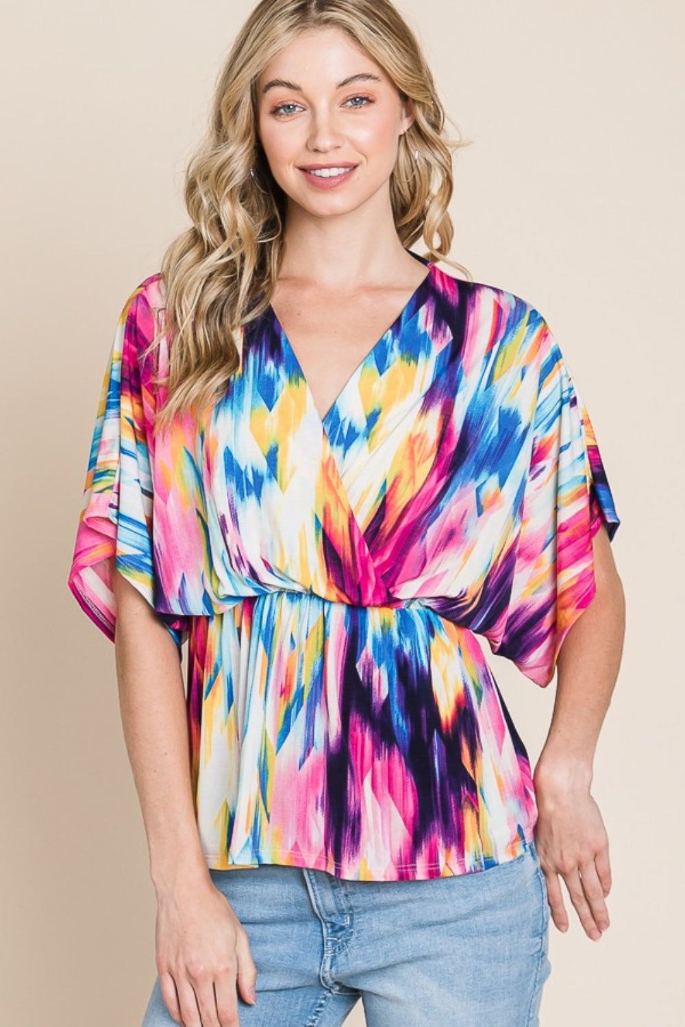 BOMBOM Printed Surplice Peplum Blouse - AllIn Computer