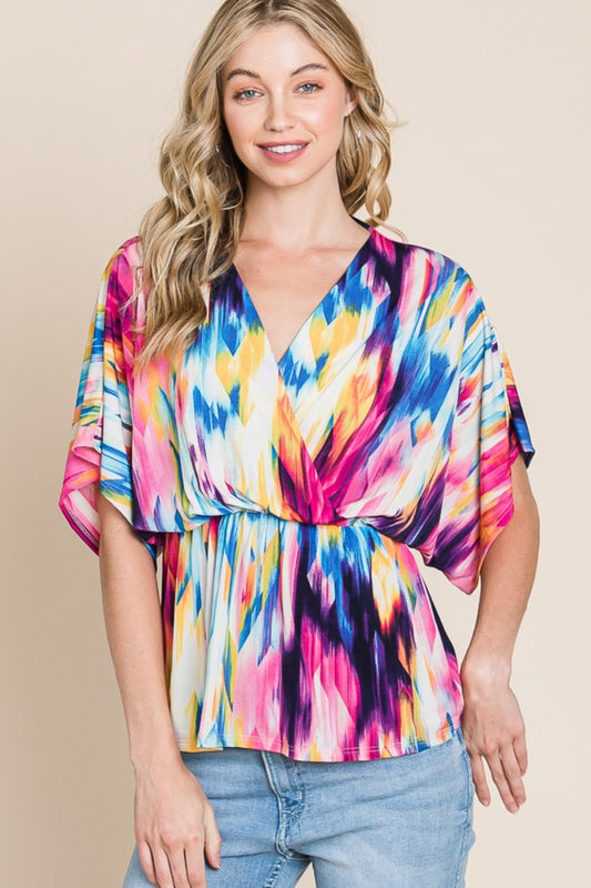 BOMBOM Printed Surplice Peplum Blouse - AllIn Computer