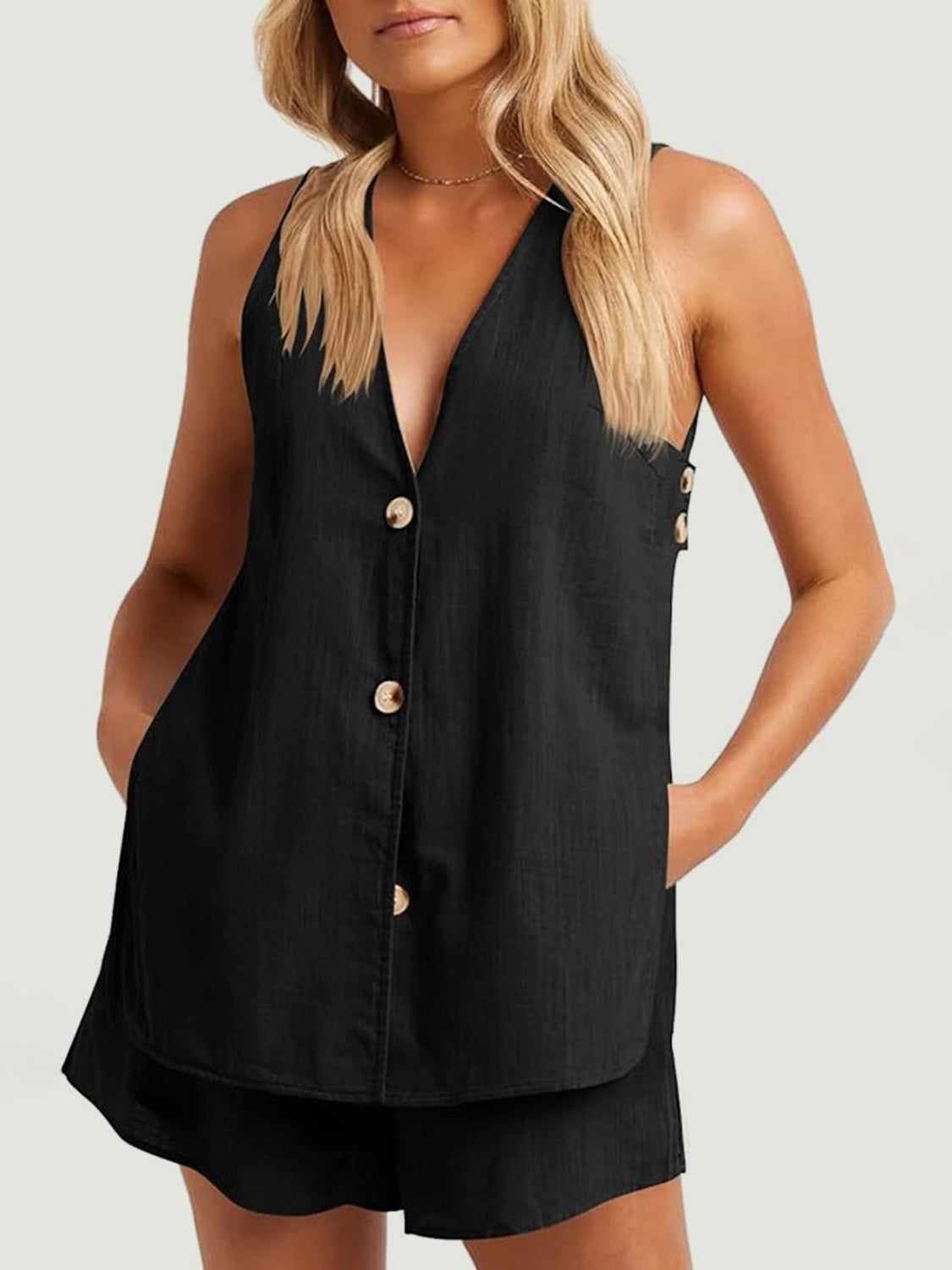 Full Size Button Up Top and Shorts Set - AllIn Computer