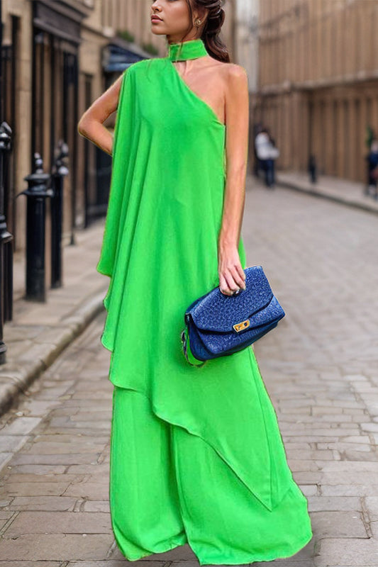 Mock Neck Single Shoulder Top and Pants Set - AllIn Computer