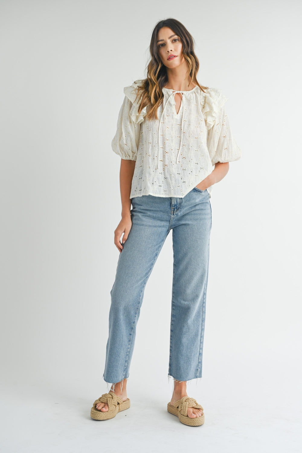MABLE Eyelet Lace Ruffle Shoulder Puff Sleeve Blouse - AllIn Computer