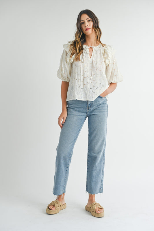 MABLE Eyelet Lace Ruffle Shoulder Puff Sleeve Blouse - AllIn Computer