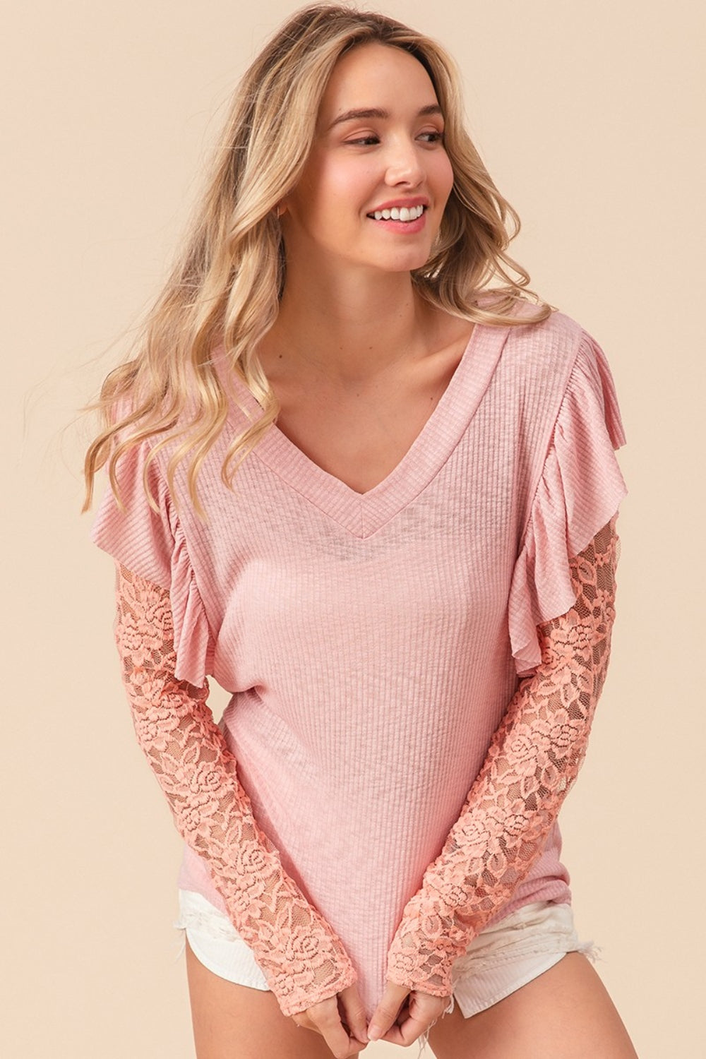BiBi Ruffled Lace Sleeve Rib Knit Top - AllIn Computer