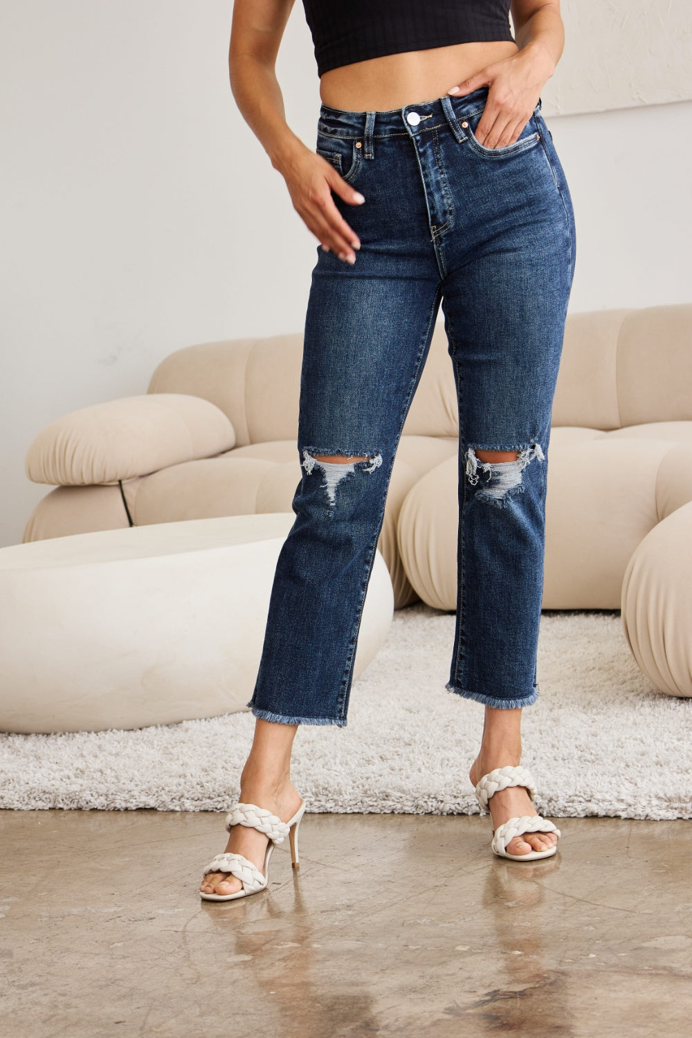 RFM Crop Dylan Full Size Tummy Control Distressed High Waist Raw Hem Jeans - AllIn Computer