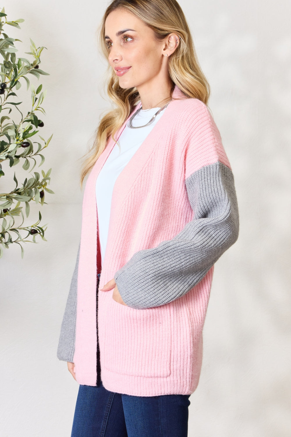 BiBi Contrast Open Front Cardigan with Pockets - AllIn Computer