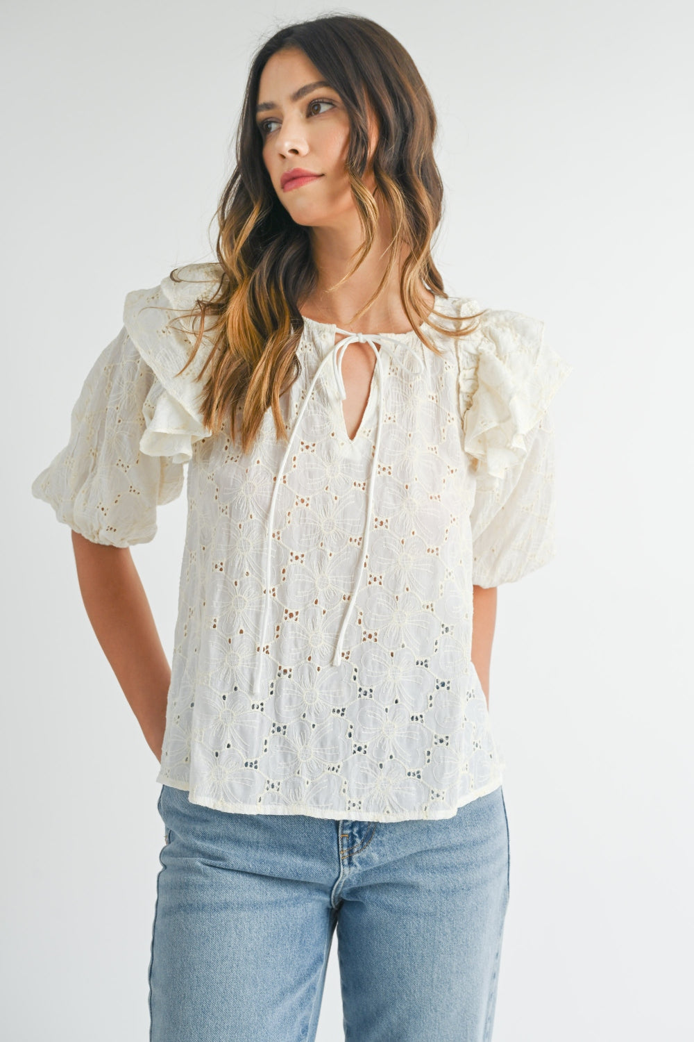 MABLE Eyelet Lace Ruffle Shoulder Puff Sleeve Blouse - AllIn Computer
