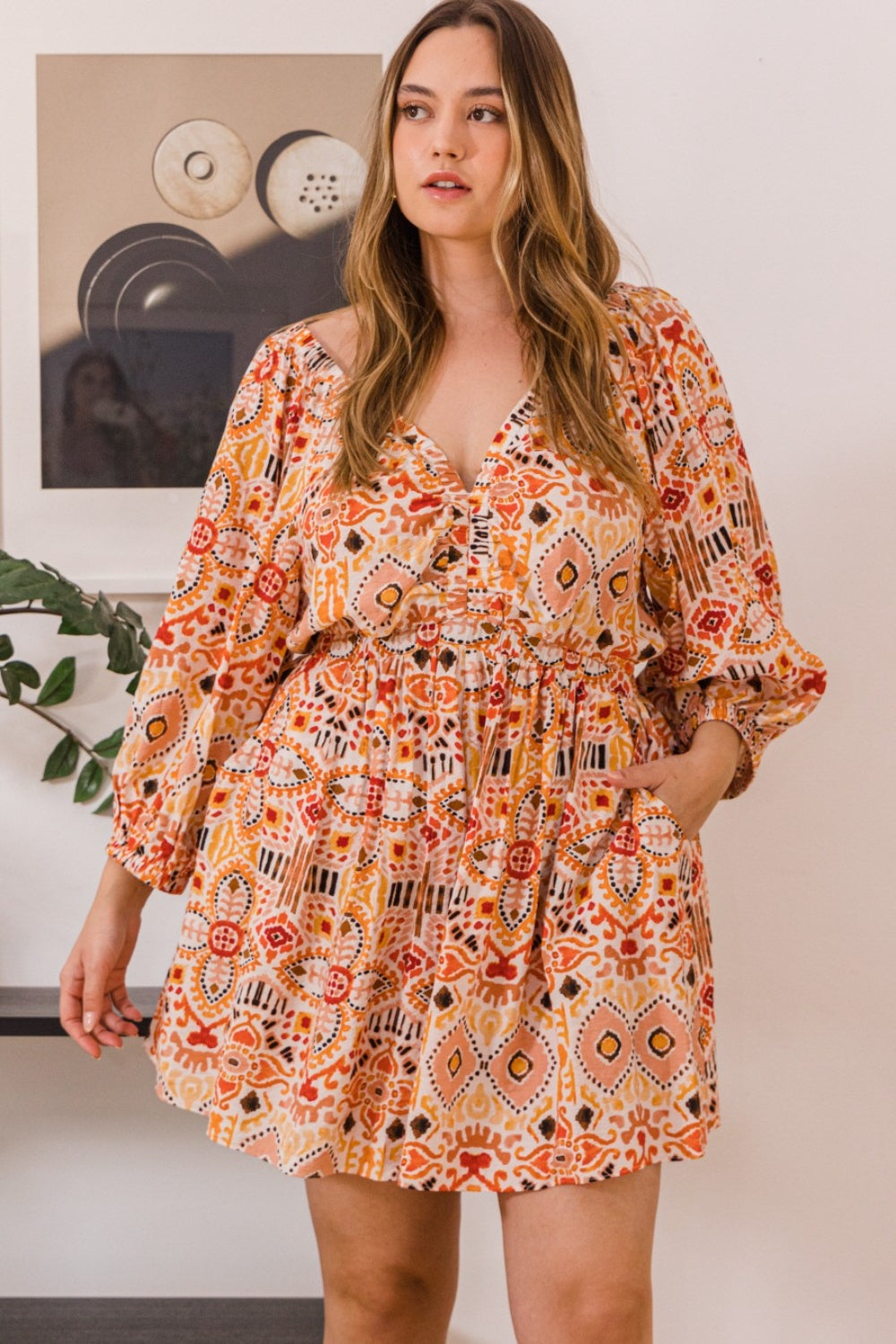 ODDI Full Size Printed Ruff Sleeve Romper with Pockets - AllIn Computer