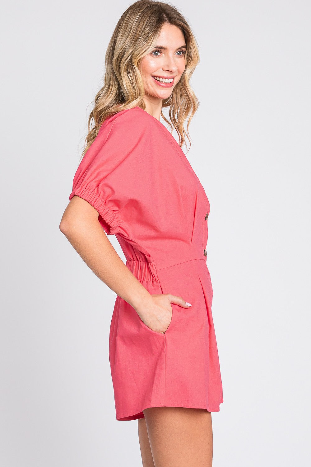 GeeGee Half Button V-Neck Linen Romper - AllIn Computer