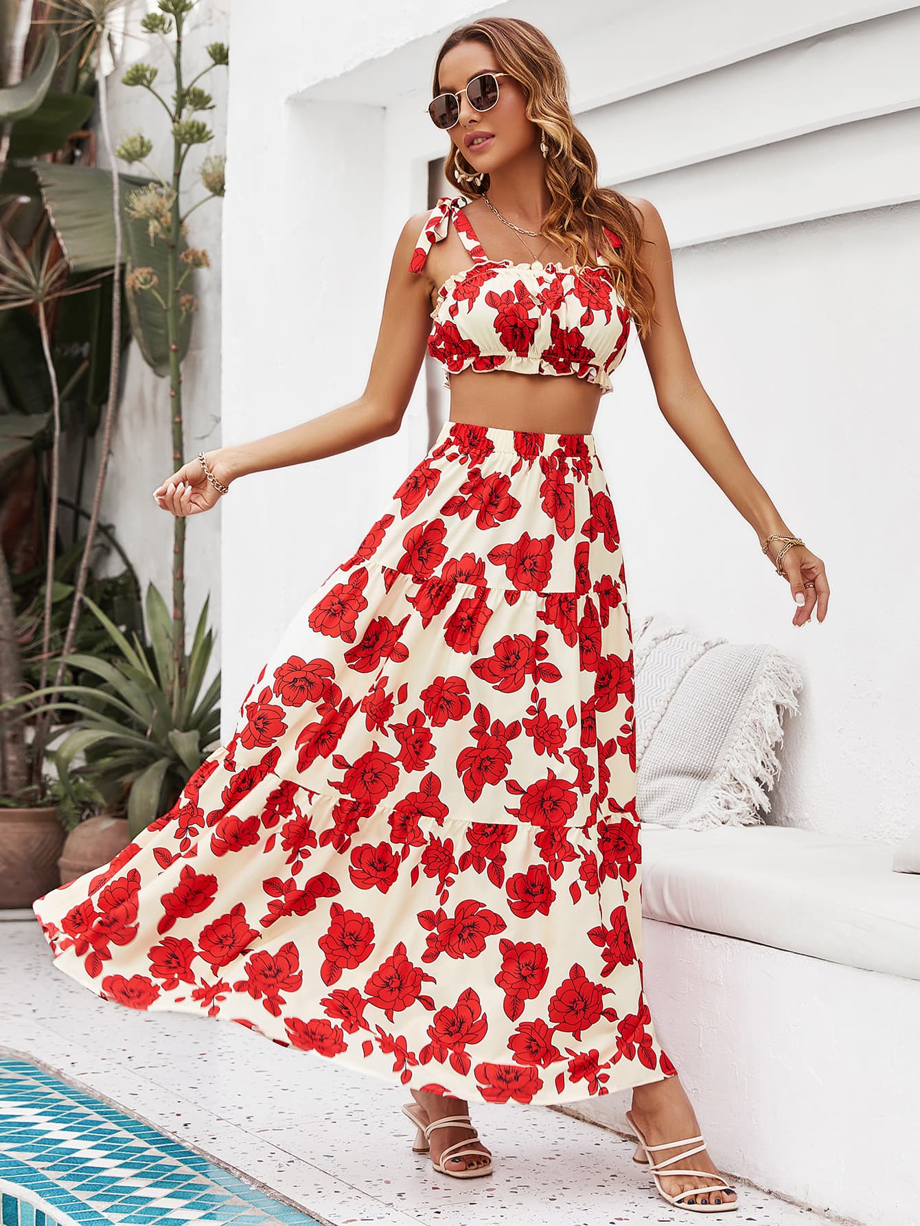 Floral Tie Shoulder Top and Tiered Maxi Skirt Set - AllIn Computer