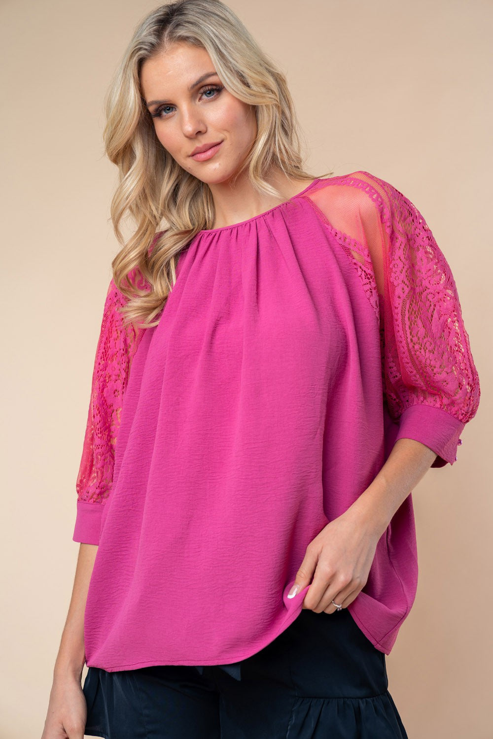 White Birch Round Neck Lace Half Sleeve Blouse - AllIn Computer