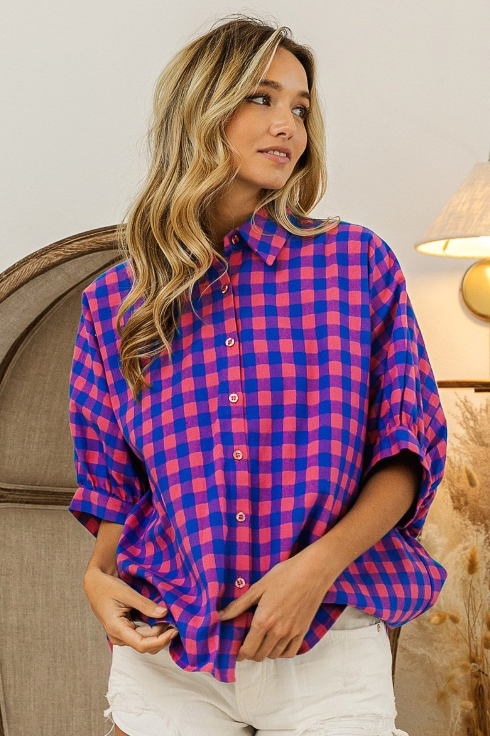 BiBi Plaid Button-Up Dolman Sleeve Shirt