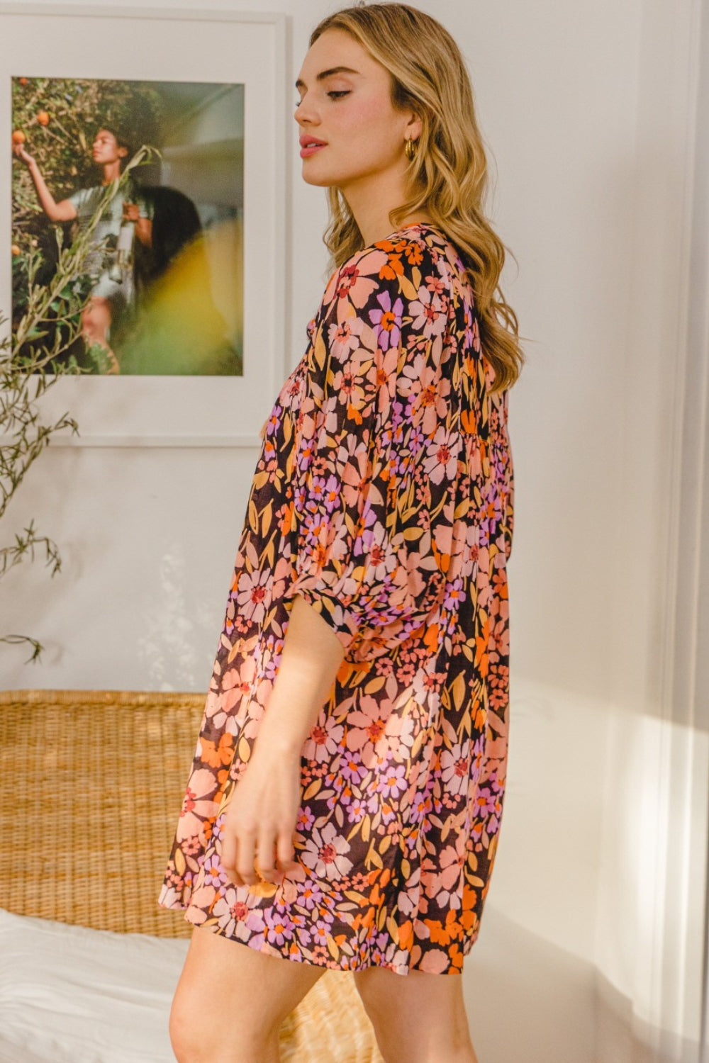ODDI Full Size Floral Tied Neck Mini Dress - AllIn Computer