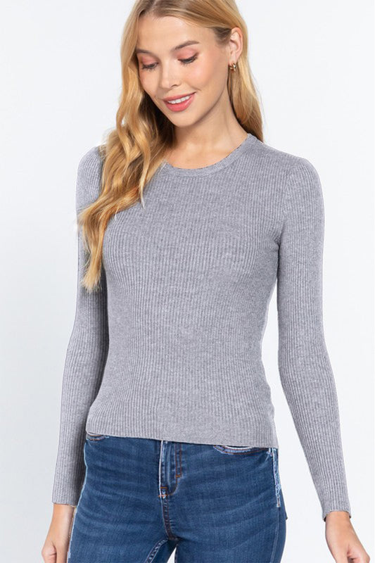 ACTIVE BASIC Full Size Ribbed Round Neck Long Sleeve Knit Top | CLOTHING,SHOES & ACCESSORIES | ACTIVE BASIC, plus size, ribbed top, round neck top, Ship from USA, top | Trendsi