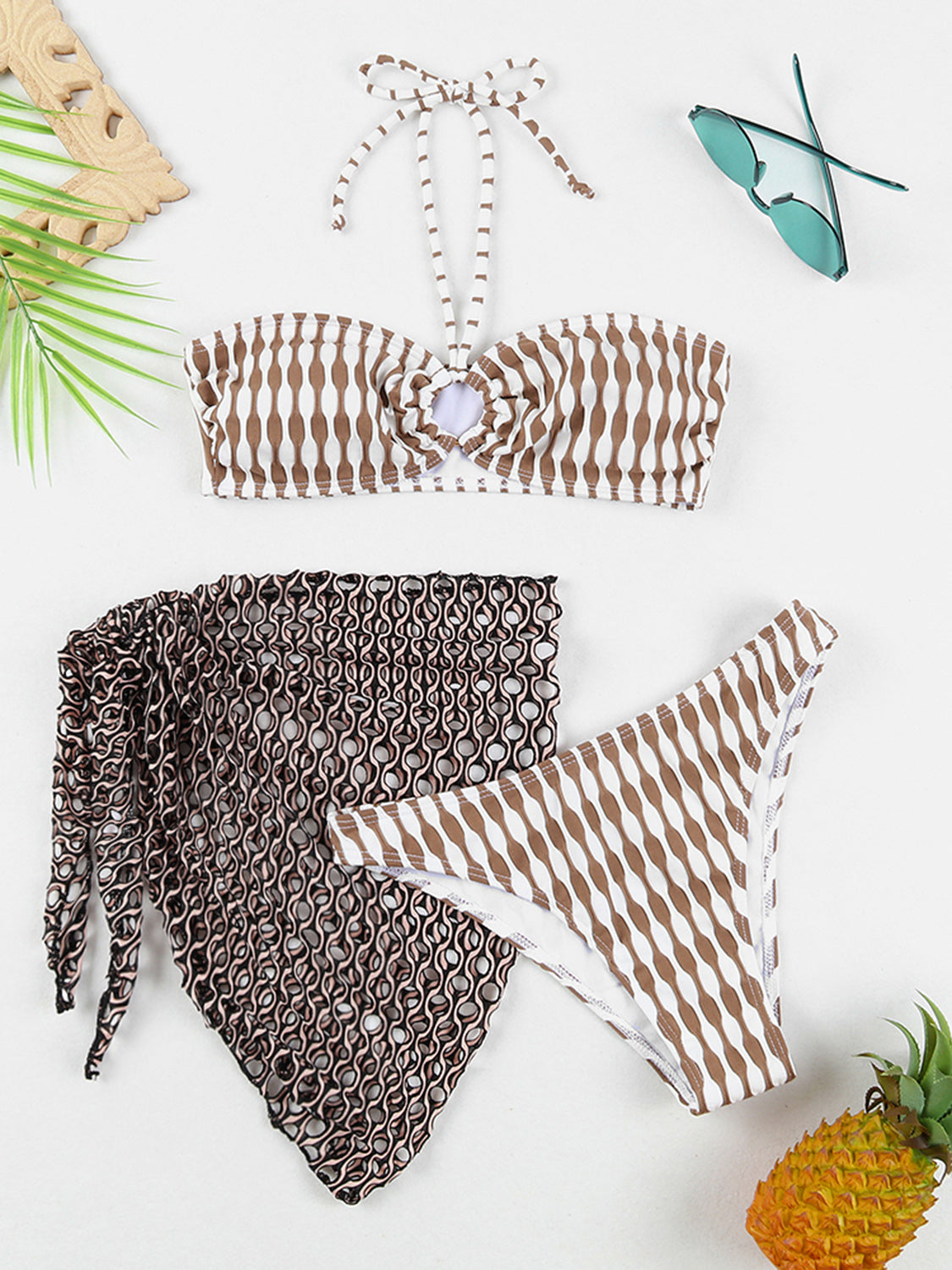 Geometric Halter Neck Three-Piece Swim Set - AllIn Computer