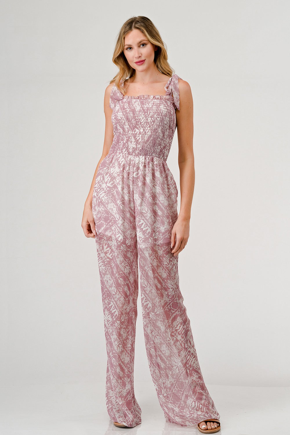 GeeGee Printed Tie Shoulder Wide Leg Jumpsuit - AllIn Computer