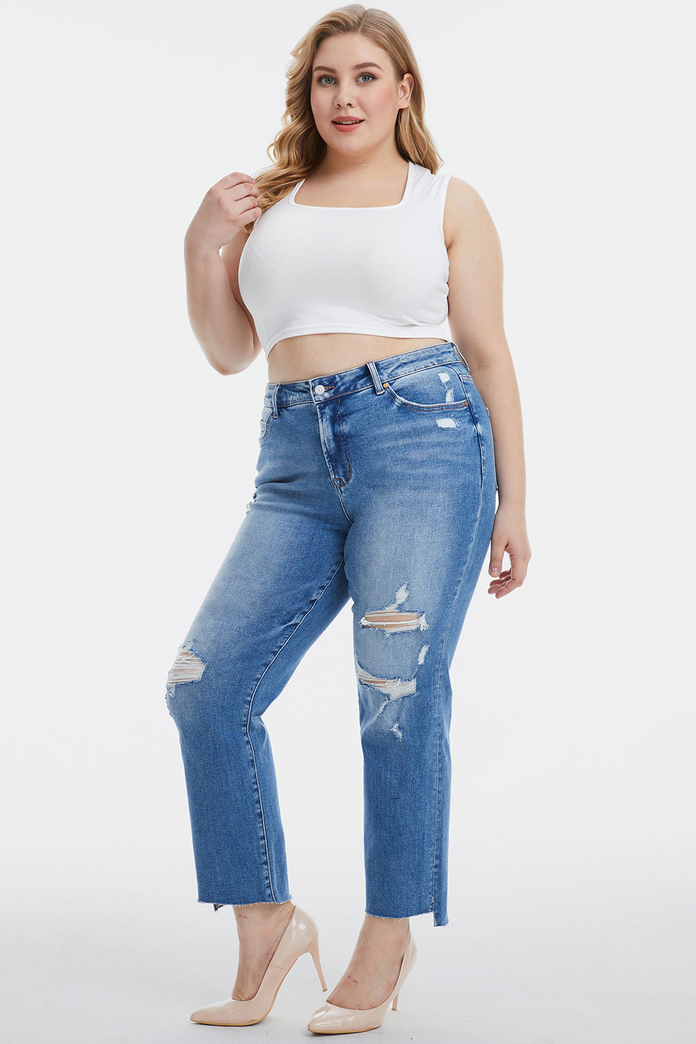 BAYEAS Full Size Mid Waist Distressed Ripped Straight Jeans - AllIn Computer