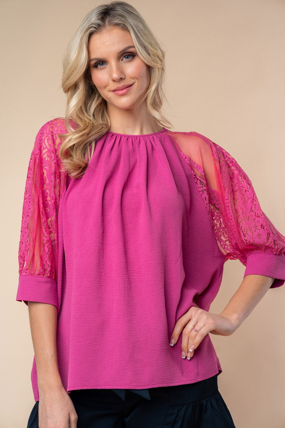 White Birch Round Neck Lace Half Sleeve Blouse - AllIn Computer