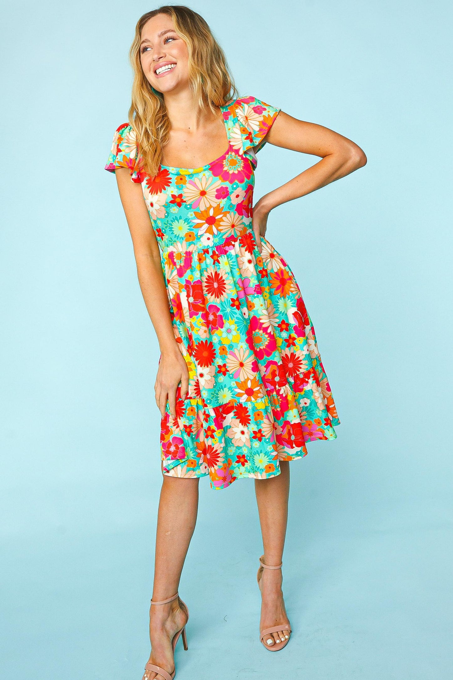 Haptics Floral Square Neck Short Sleeve Dress - AllIn Computer