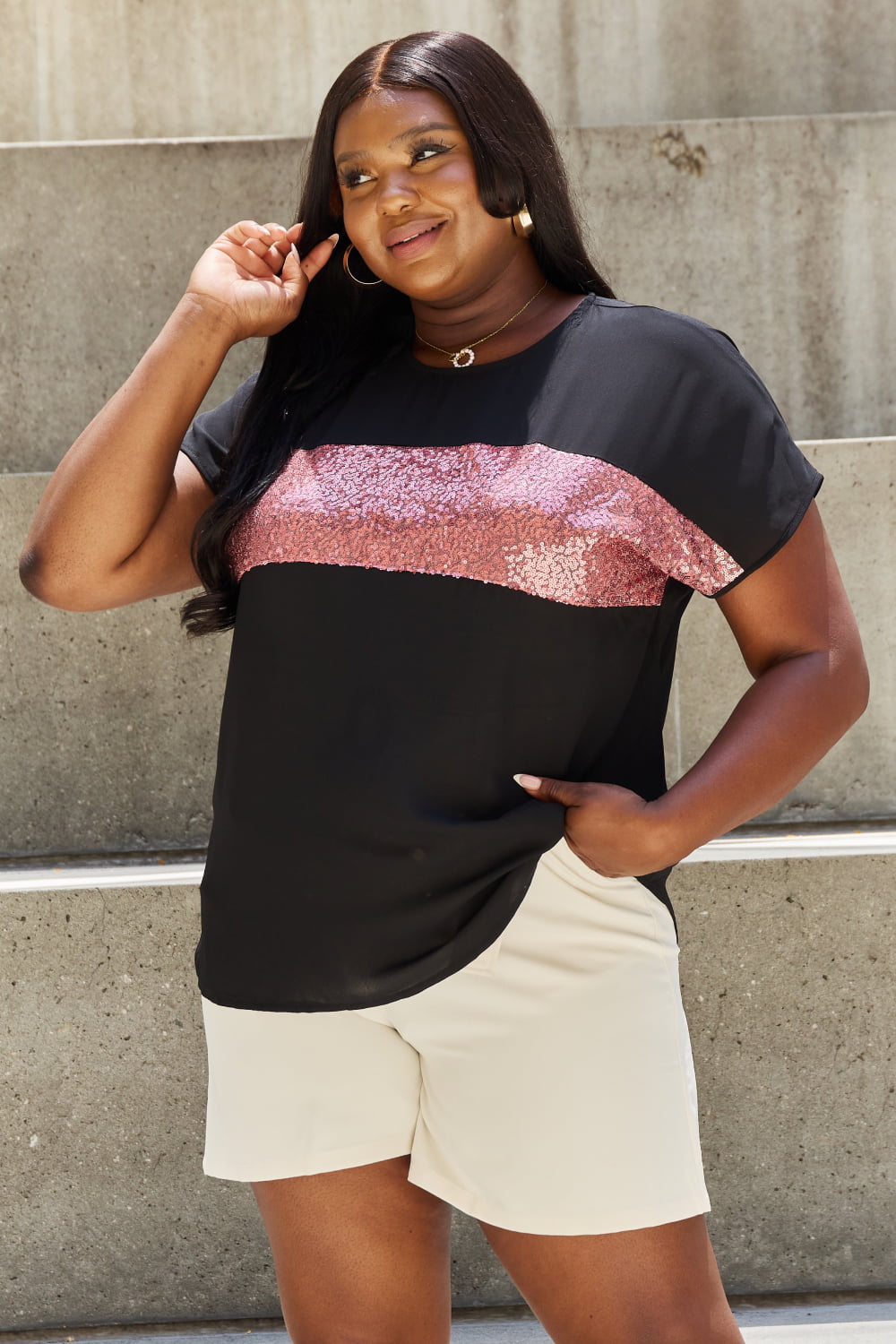 Sew In Love Shine Bright Full Size Center Mesh Sequin Top in Black/Mauve - AllIn Computer