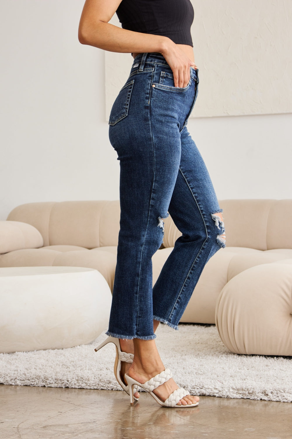 RFM Crop Dylan Full Size Tummy Control Distressed High Waist Raw Hem Jeans - AllIn Computer