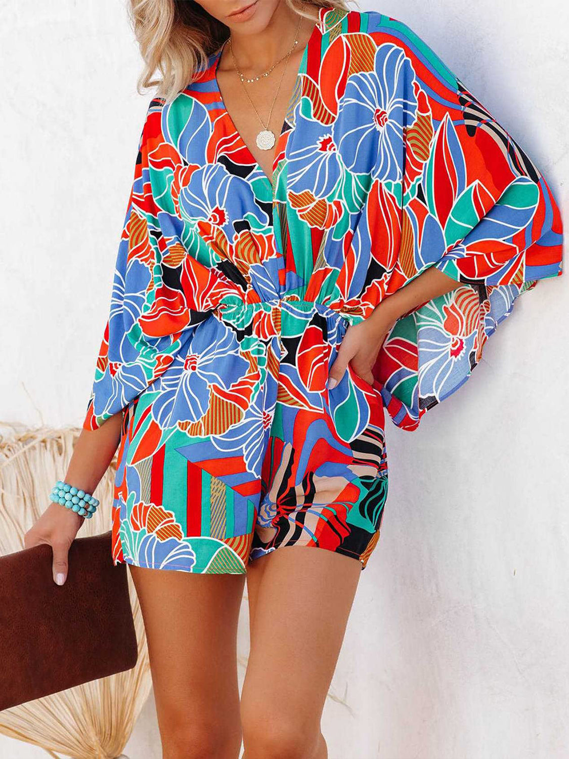 Tied Printed Kimono Sleeve Romper - AllIn Computer
