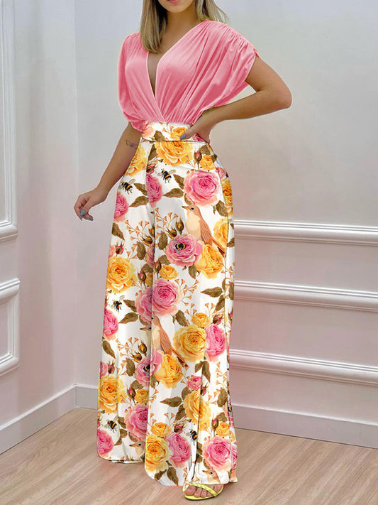 Printed Surplice Top and Wide Leg Pants Set | CLOTHING,SHOES & ACCESSORIES | L$O, outfit sets, pants, Ship From Overseas, top | Trendsi
