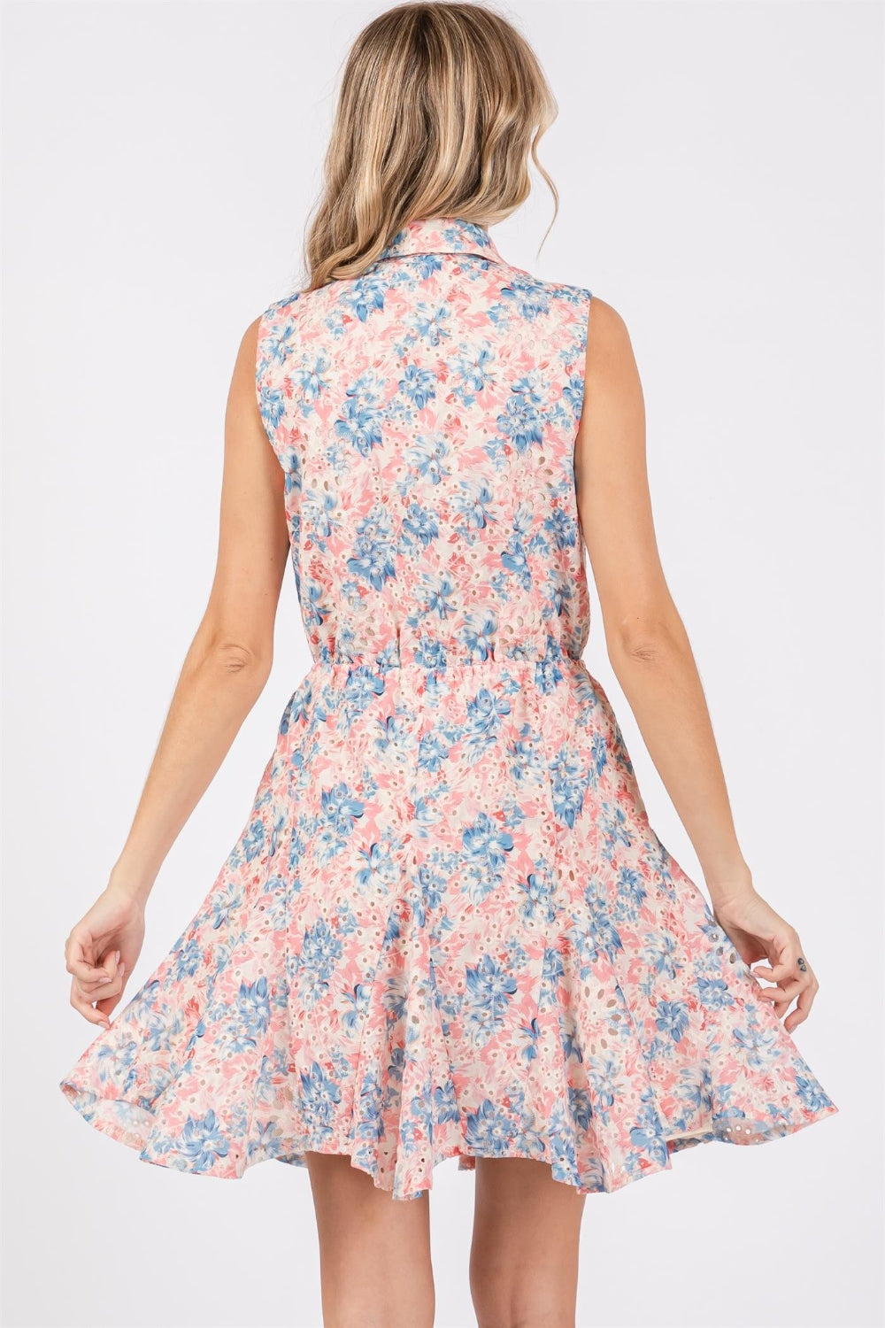 GeeGee Full Size Floral Eyelet Sleeveless Mini Dress - AllIn Computer
