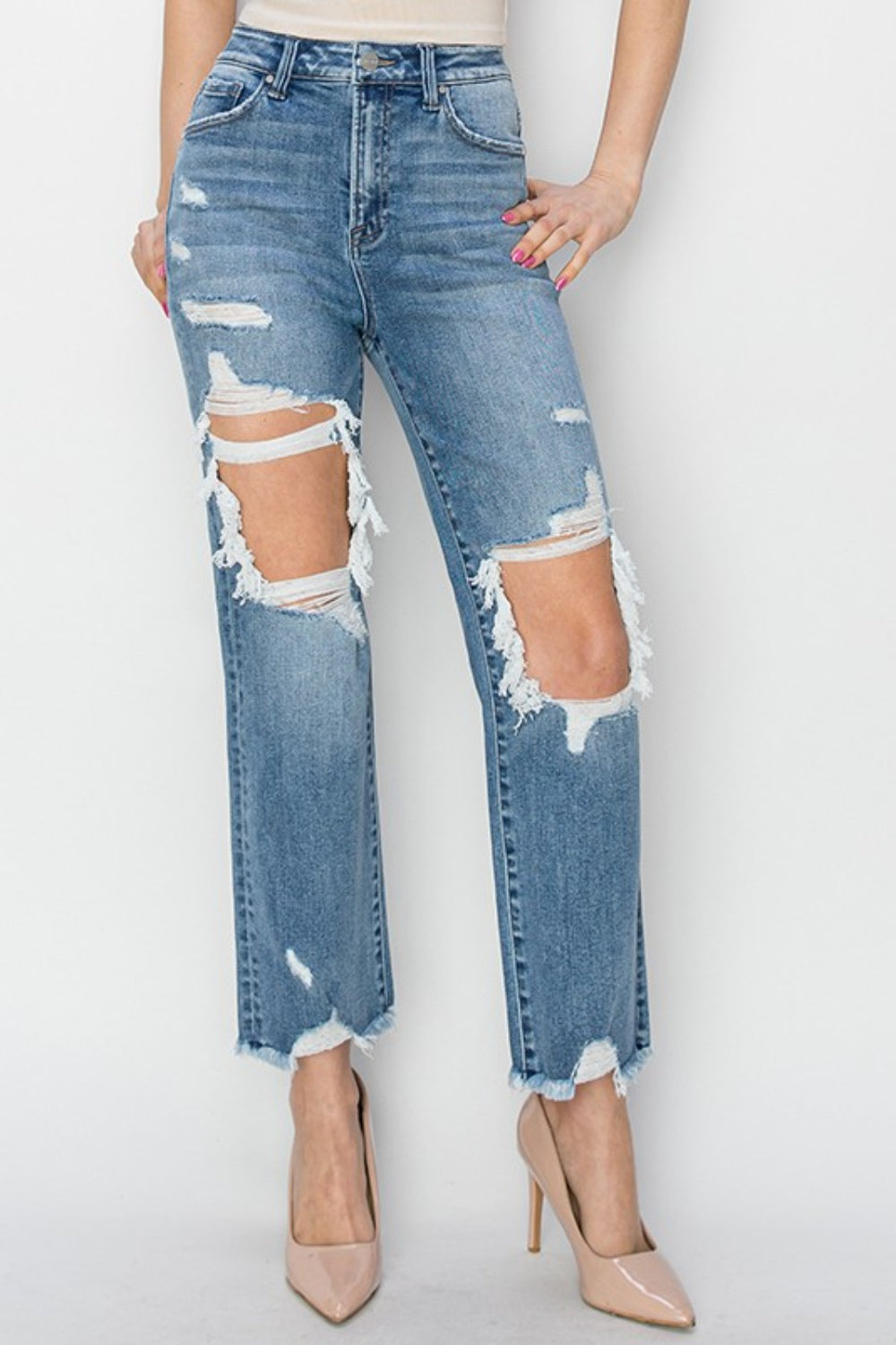 RISEN High Rise Distressed Crop Straight Jeans - AllIn Computer