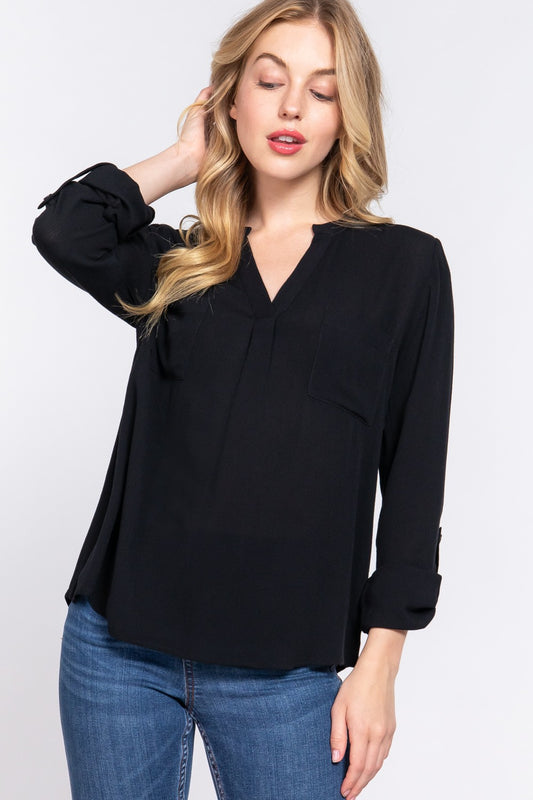 ACTIVE BASIC Full Size Notched Long Sleeve Woven Top - AllIn Computer