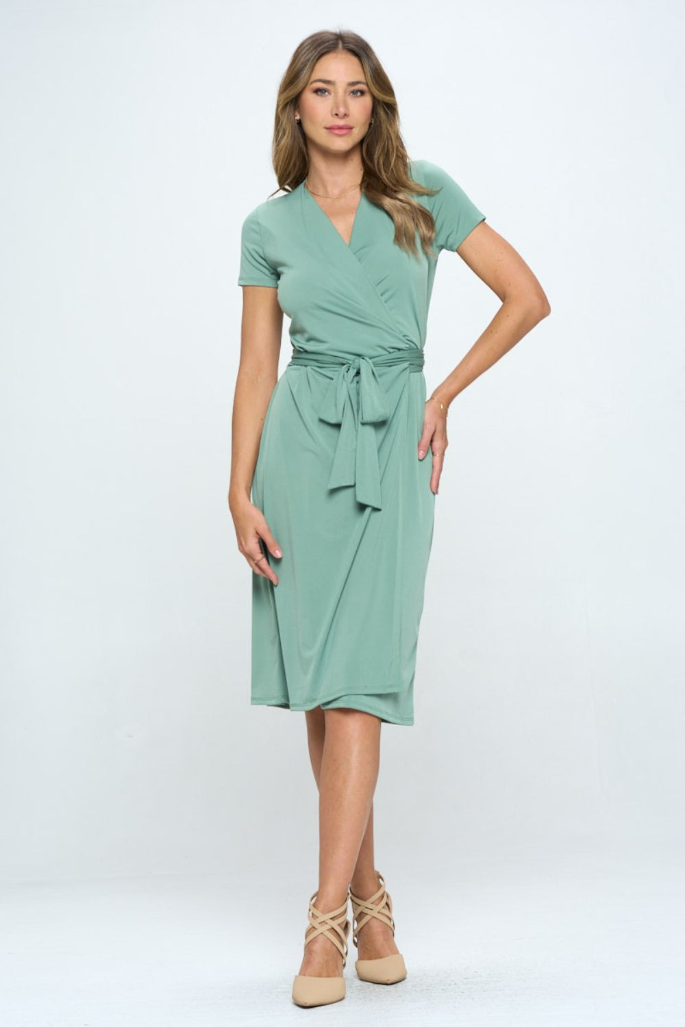 RENEE C Tie Front Surplice Short Sleeve Dress - AllIn Computer