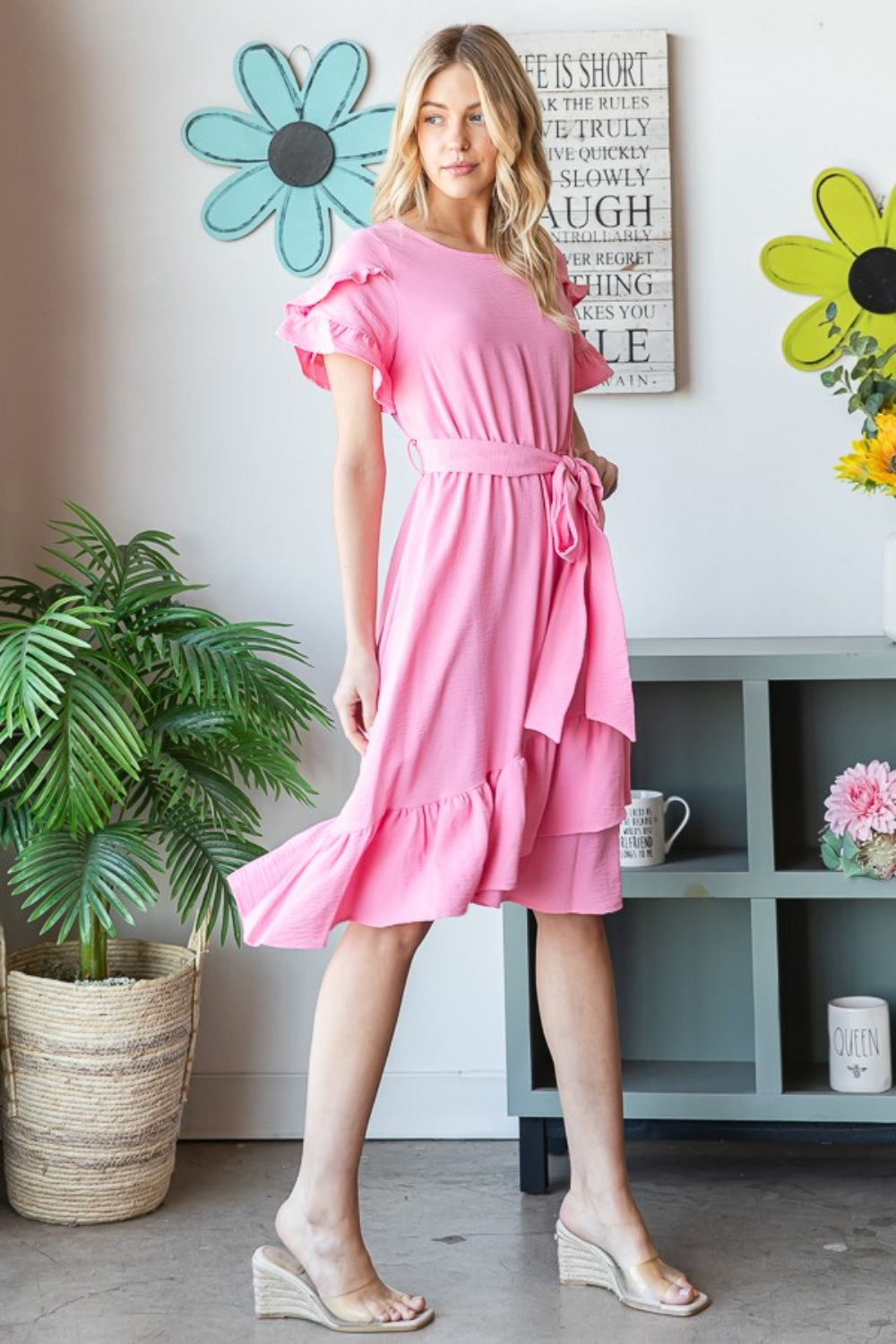 Reborn J Tie Front Ruffled Short Sleeve Dress - AllIn Computer