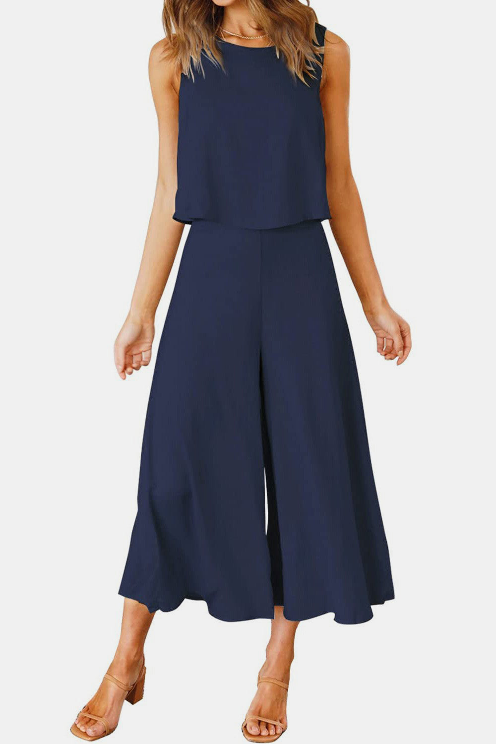 Round Neck Top and Wide Leg Pants Set - AllIn Computer