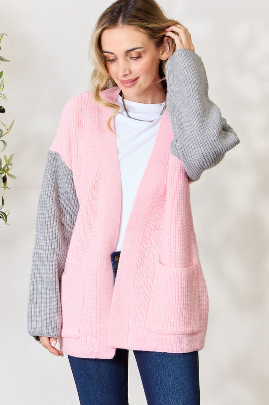 BiBi Contrast Open Front Cardigan with Pockets - AllIn Computer