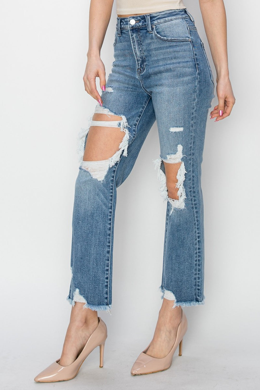 RISEN High Rise Distressed Crop Straight Jeans - AllIn Computer