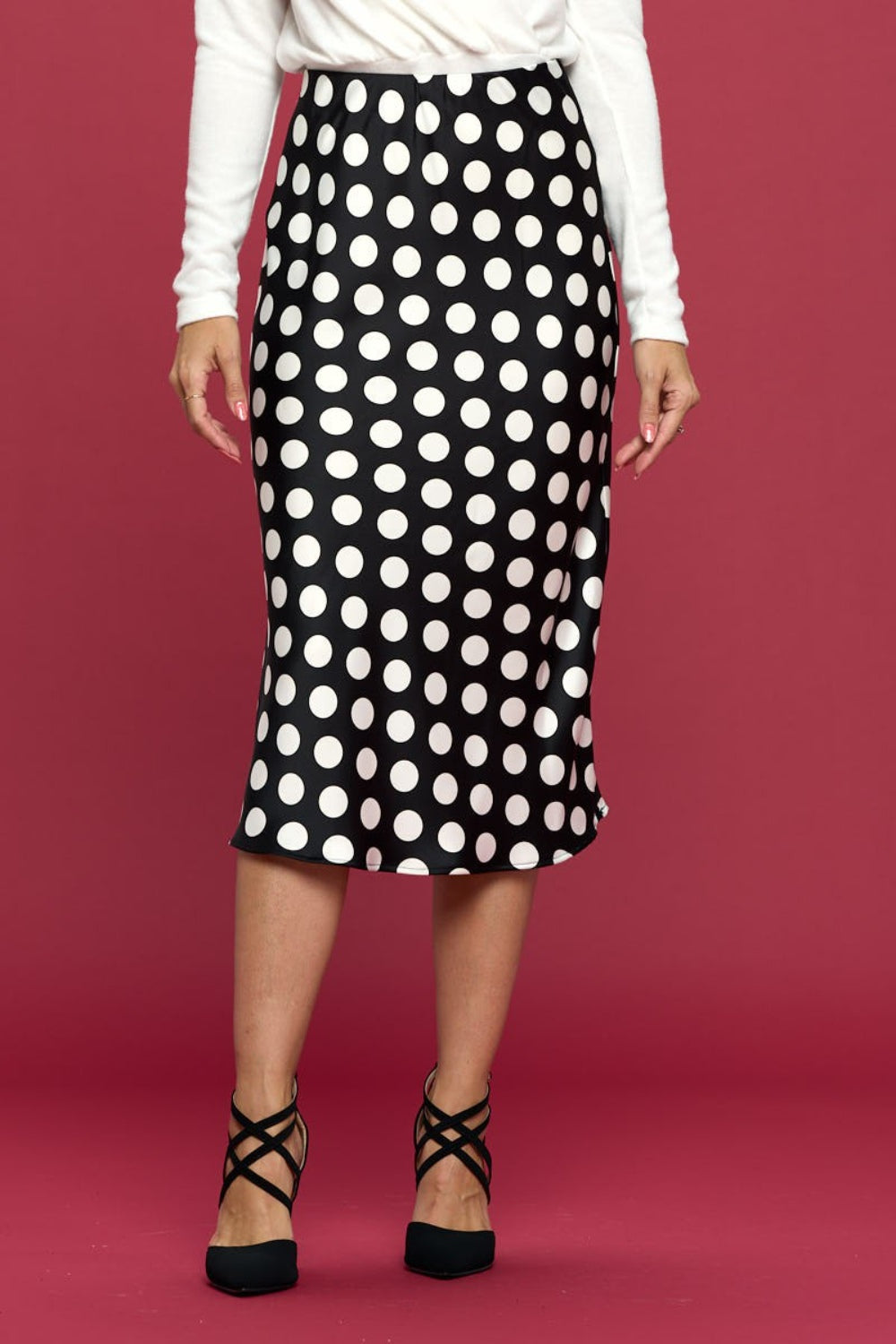 RENEE C Polka Dot Satin Midi Skirt - AllIn Computer