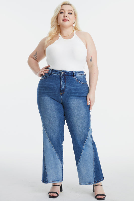 BAYEAS Full Size High Waist Two-Tones Patched Wide Leg Jeans | CLOTHING,SHOES & ACCESSORIES | BAYEAS, high waisted jeans, jeans, patch detail, Ship from USA, two-tone, wide leg jeans | Trendsi