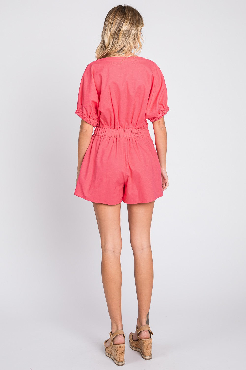 GeeGee Half Button V-Neck Linen Romper - AllIn Computer