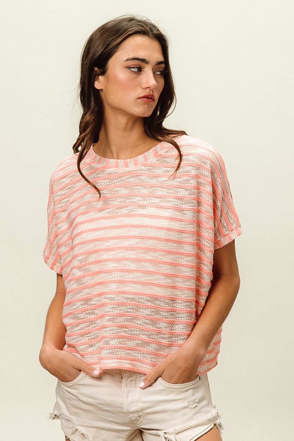 BiBi Braid Striped Short Sleeve Round Neck T-Shirt - AllIn Computer
