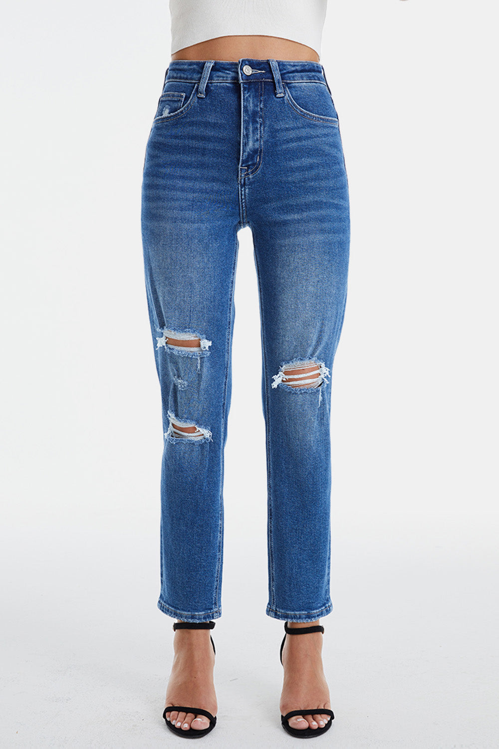 BAYEAS Full Size Distressed High Waist Mom Jeans - AllIn Computer