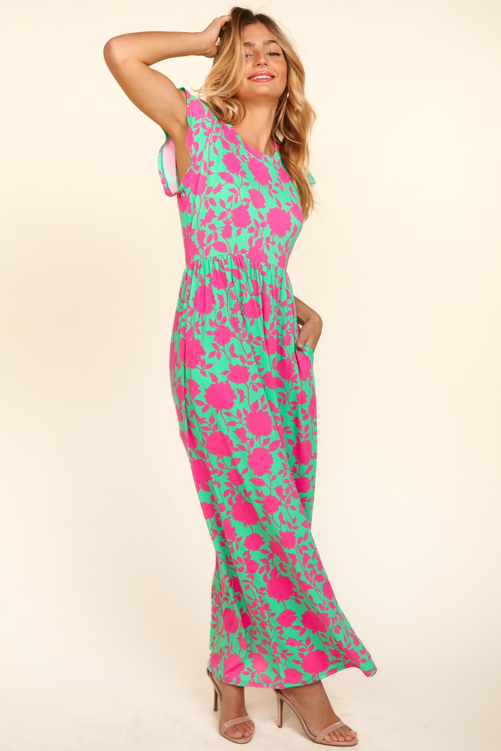 Haptics Ruffled Printed Round Neck Cap Sleeve Dress - AllIn Computer