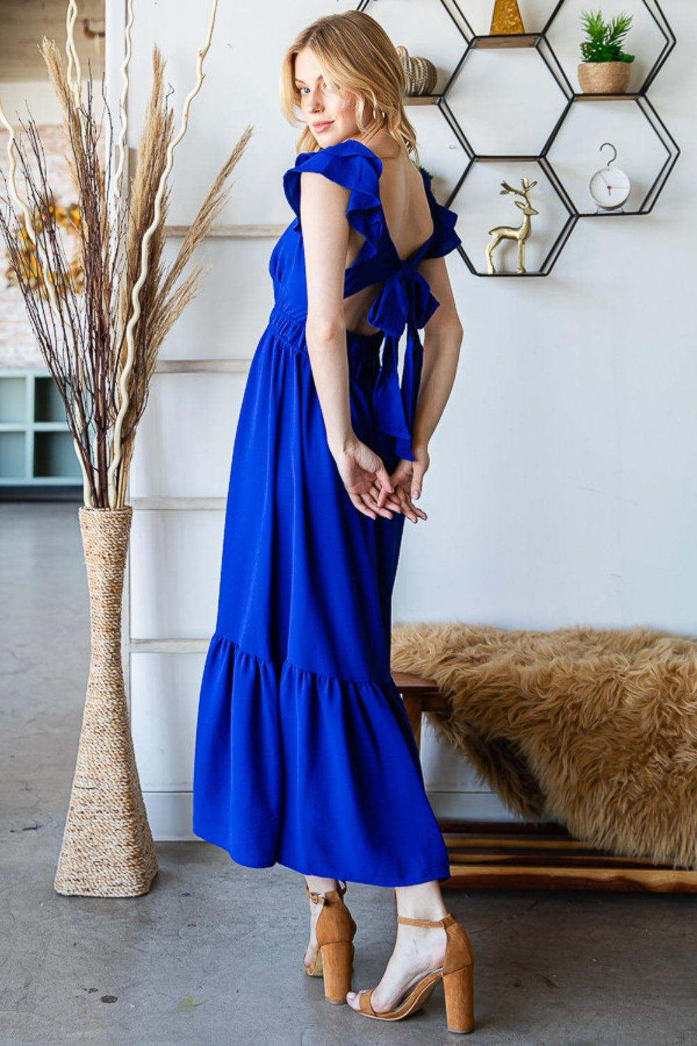 Reborn J Tie Back Sleeveless Ruffled Midi Dress - AllIn Computer