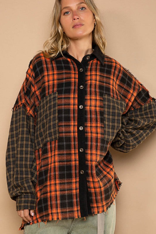 POL Plaid Contrast Long Sleeve Raw Hem Shacket with Chest Pockets - AllIn Computer