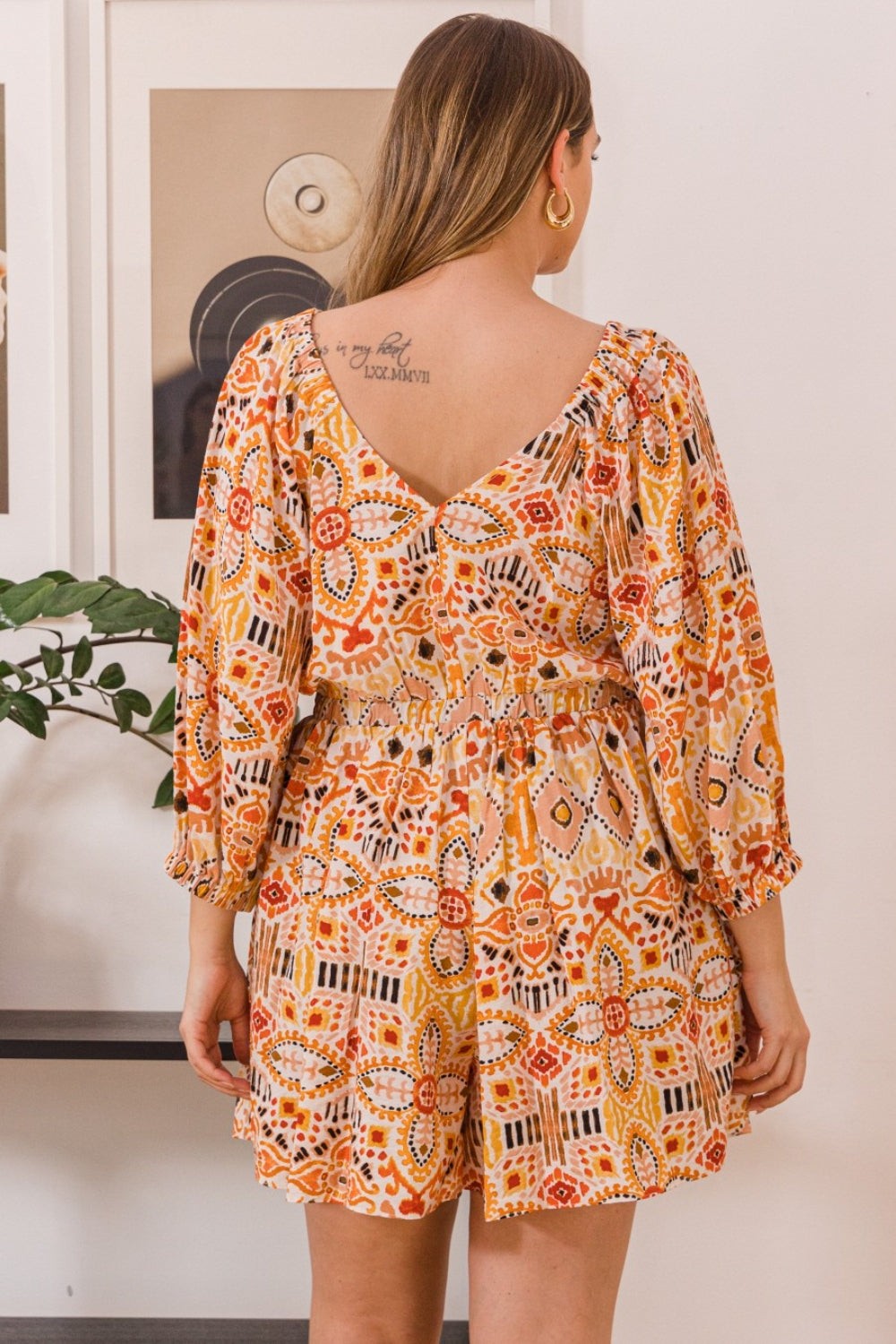 ODDI Full Size Printed Ruff Sleeve Romper with Pockets - AllIn Computer