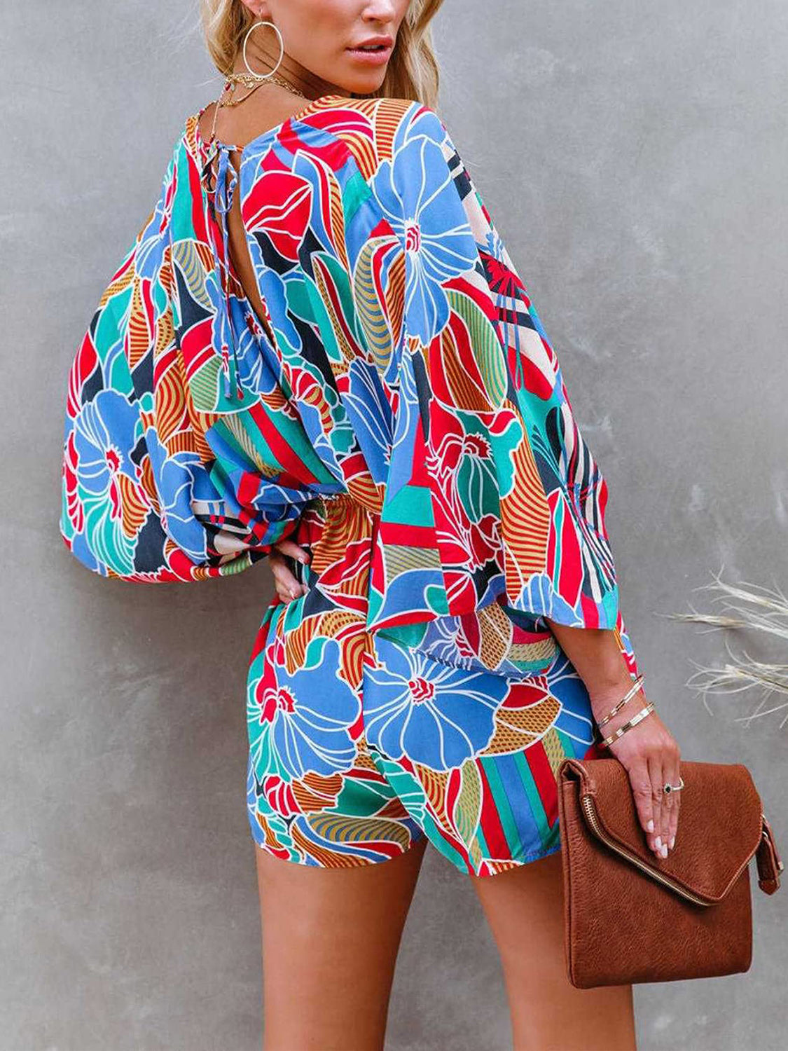 Tied Printed Kimono Sleeve Romper - AllIn Computer
