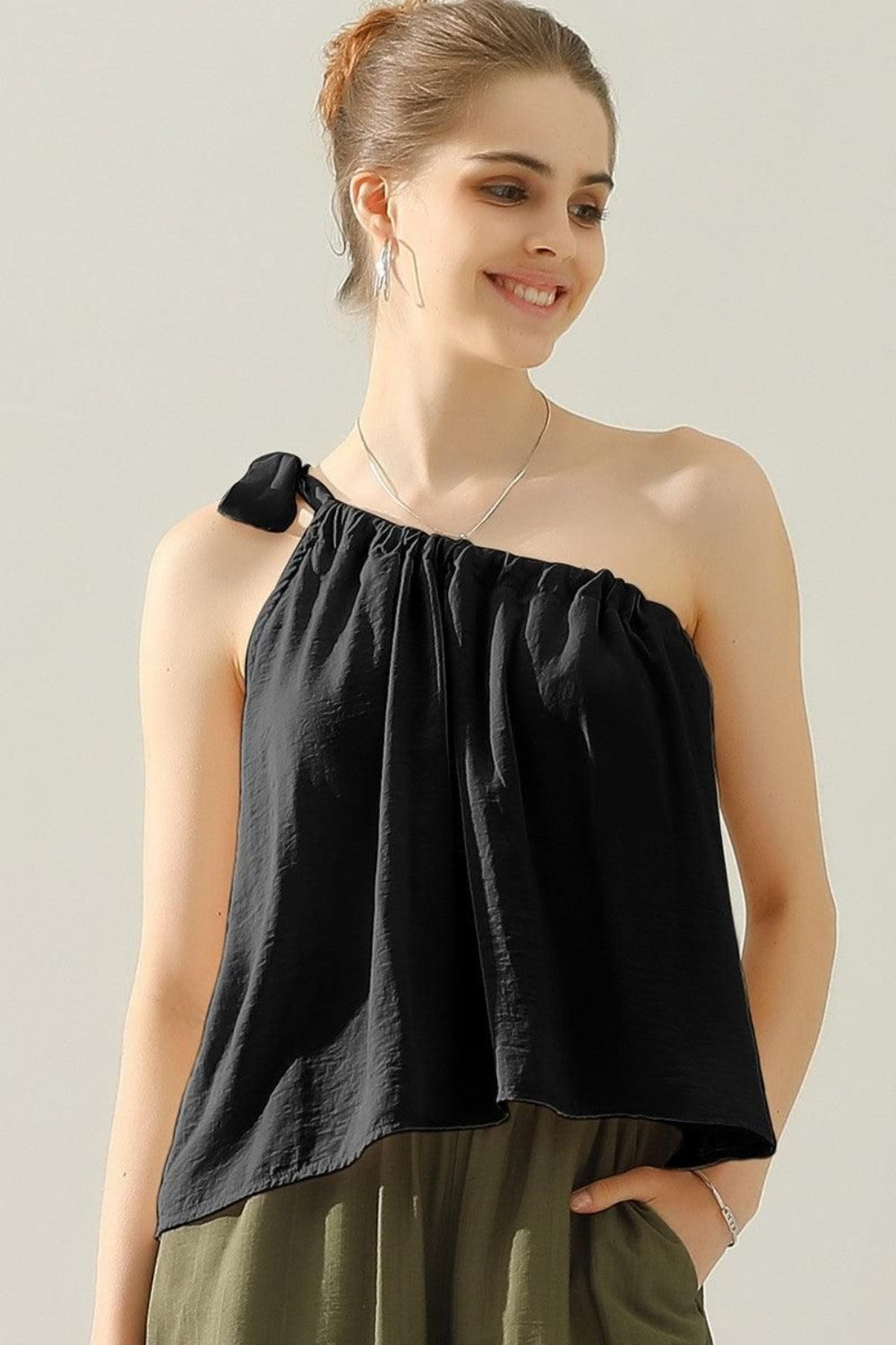 Ninexis One Shoulder Bow Tie Strap Satin Silk Top - AllIn Computer