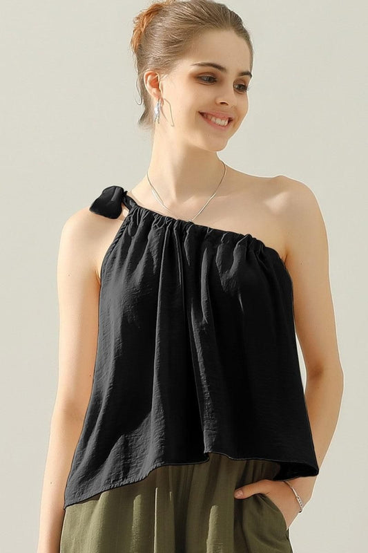Ninexis One Shoulder Bow Tie Strap Satin Silk Top - AllIn Computer